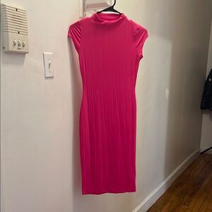 Chic Hot Pink Ribbed Body con Dress w/ Short Sleeves & Low Turtle Neck